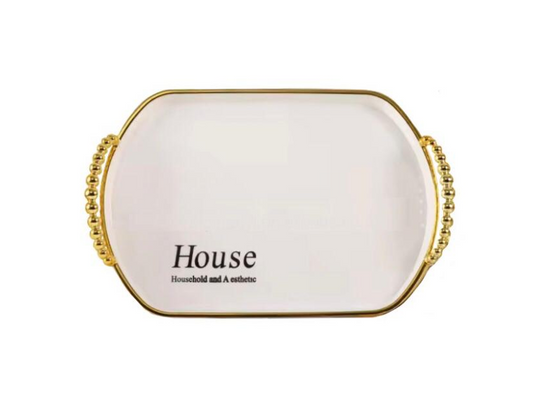 Elegant Oval Serving Tray with Gold Rim and Handles 28 x 40 cm