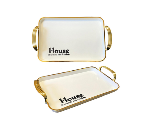 Luxurious Rectangular Serving Tray with Gold Rim and Handles 34 x 23 cm