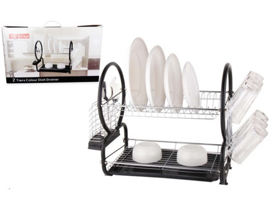 Tristar 2 Tier Dish Drainer Cutlery Rack with Drip Tray Black Efficient Kitchen Organizer