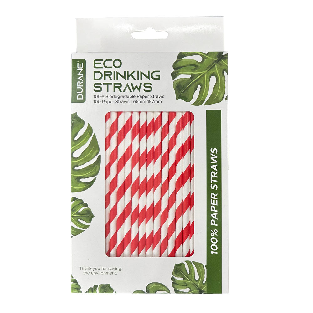 Durane Eco Paper Drinking Straws 6x197mm Pack of 100 White Red