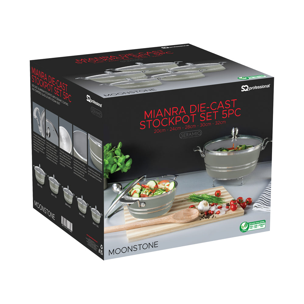 SQ Professional Seramiq Mianra Diecast Stockpot Set of 5 Moonstone Premium Quality Cookware Set