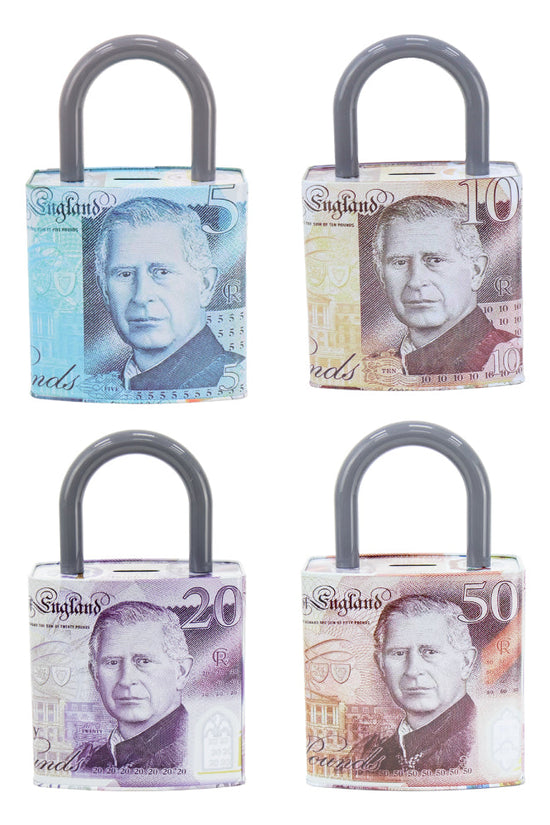 King Charles Pound Note Coin Money Tin Box with Handle Padlock Shape