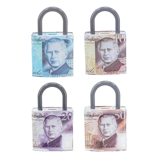 King Charles Pound Note Coin Money Tin Box with Handle Padlock Shape