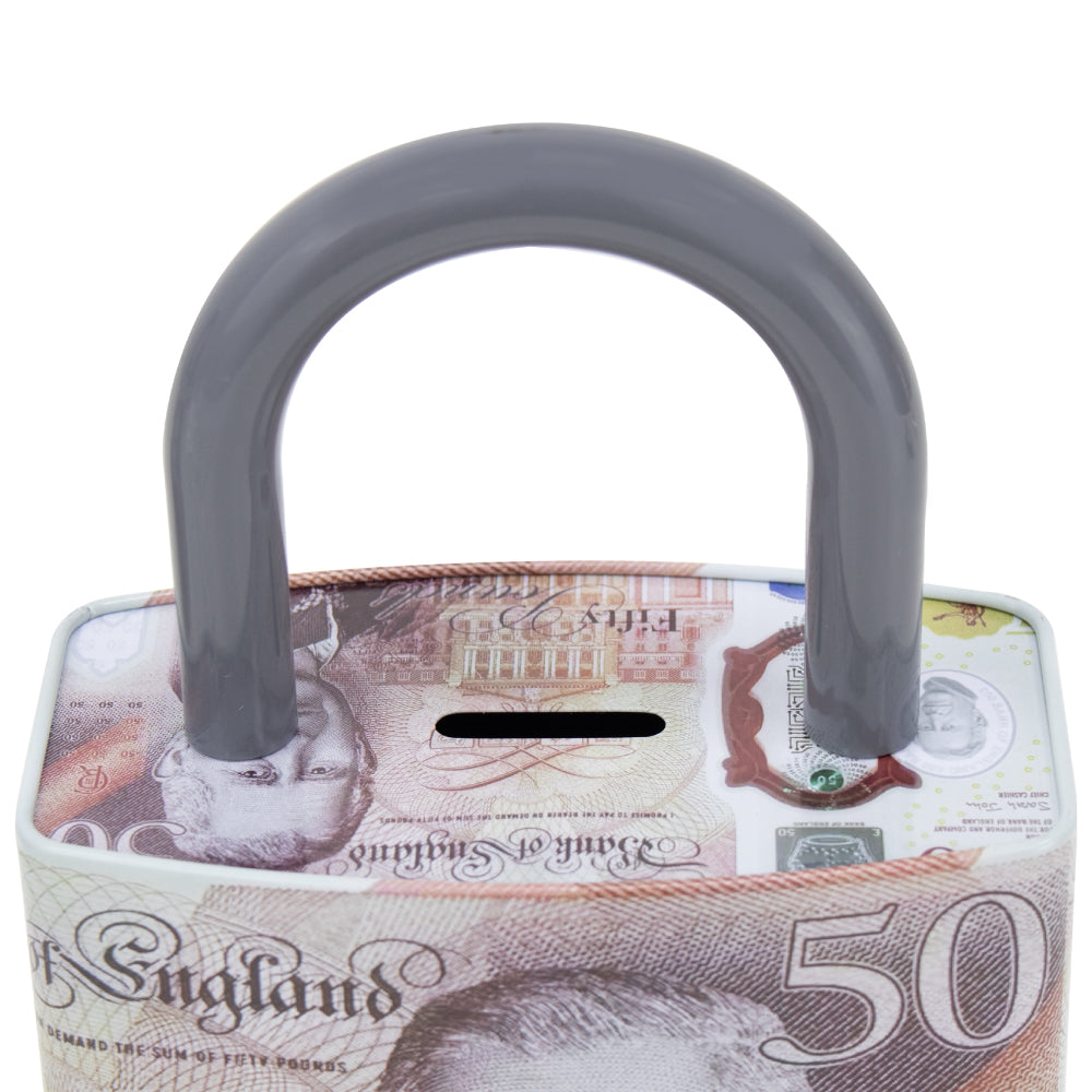 King Charles Pound Note Coin Money Tin Box with Handle Padlock Shape