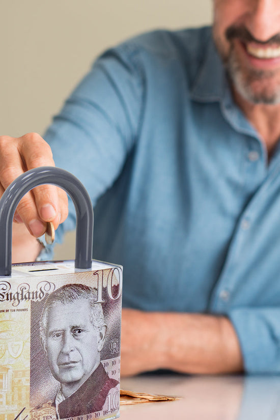 King Charles Pound Note Coin Money Tin Box with Handle Padlock Shape