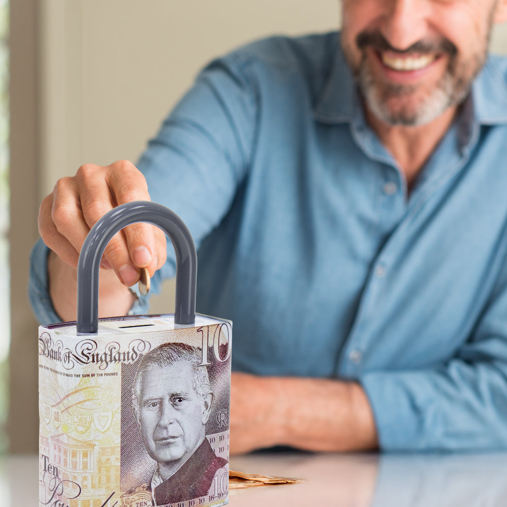 King Charles Pound Note Coin Money Tin Box with Handle Padlock Shape