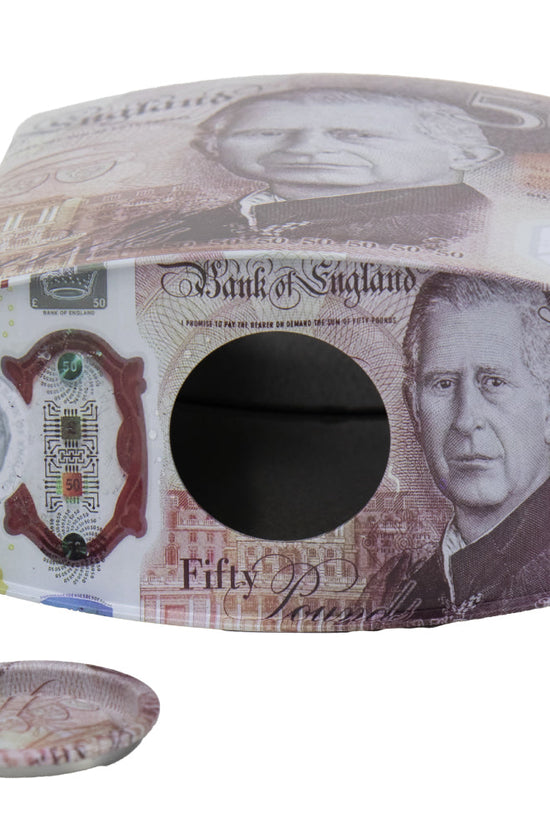 King Charles Pound Note Coin Money Tin Box with Handle Padlock Shape