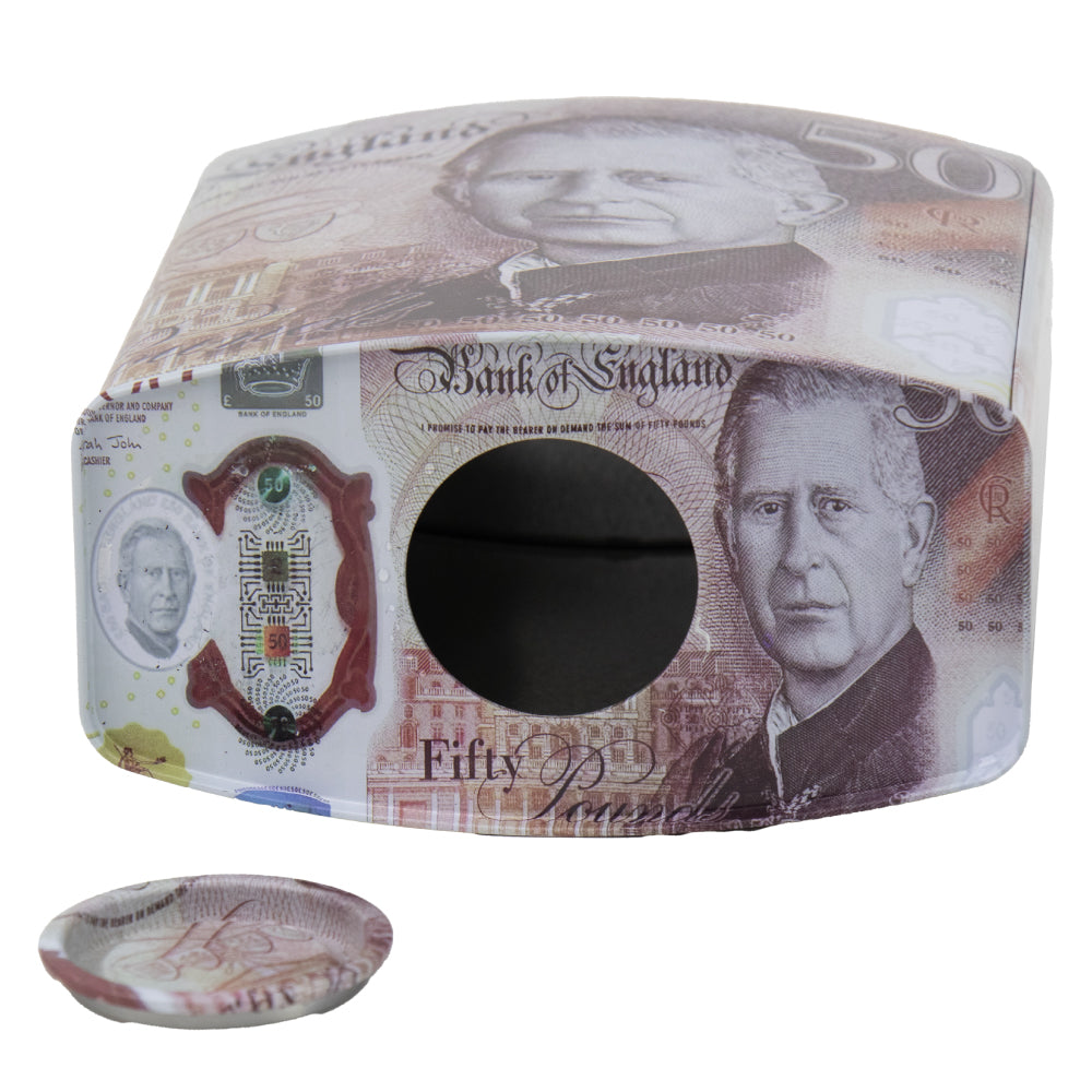 King Charles Pound Note Coin Money Tin Box with Handle Padlock Shape