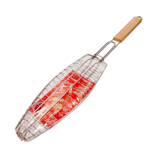 Metal Meat Fish Roasting BBQ Basket Grill with Wooden Handle 35 cm