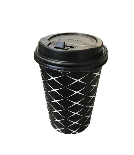 Black Paper Cup with Lid 12oz Pack of 6 Assorted Designs