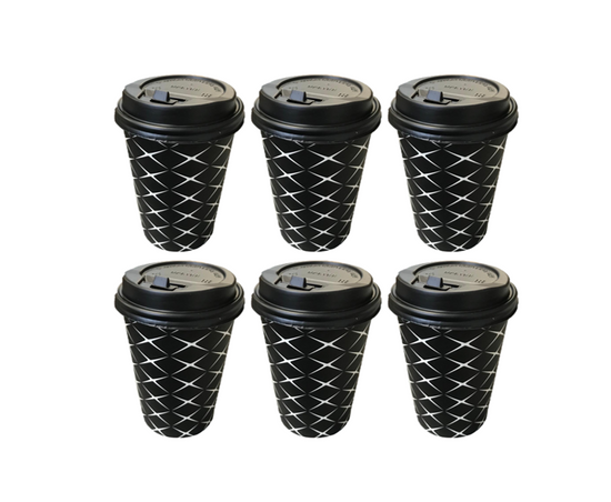 Black Paper Cup with Lid 12oz Pack of 6 Assorted Designs