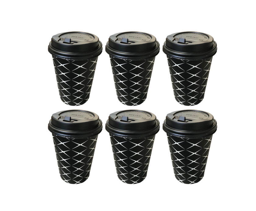 Black Paper Cup with Lid 12oz Pack of 6 Assorted Designs