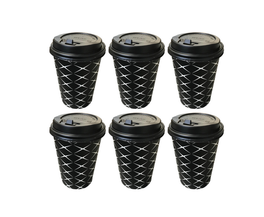 Black Paper Cup with Lid 12oz Pack of 6 Assorted Designs