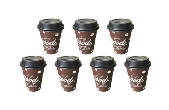8oz Printed Paper Cups with Lids Pack of 7 Assorted Designs