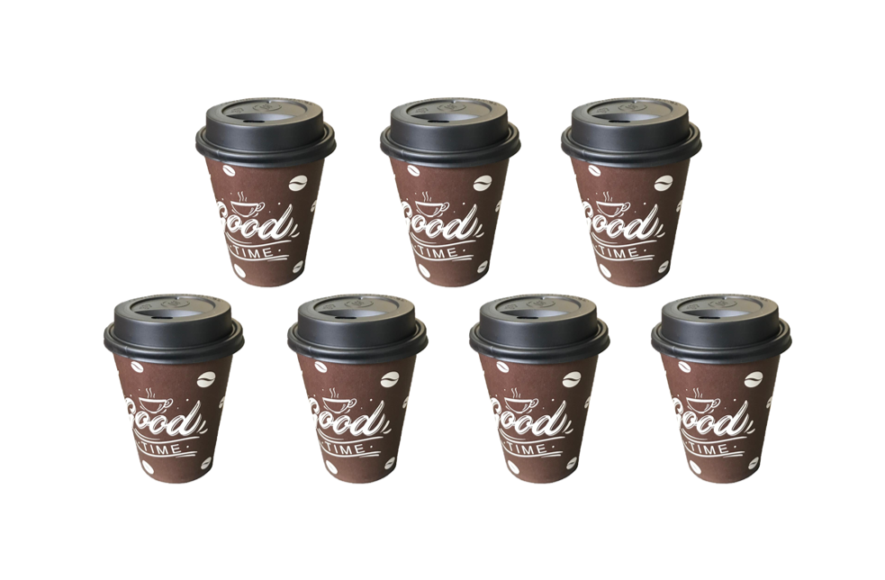 8oz Printed Paper Cups with Lids Pack of 7 Assorted Designs