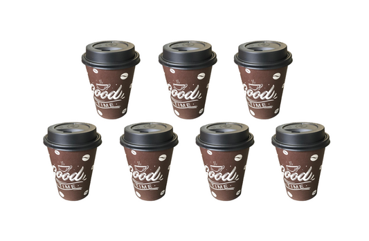 8oz Printed Paper Cups with Lids Pack of 7 Assorted Designs