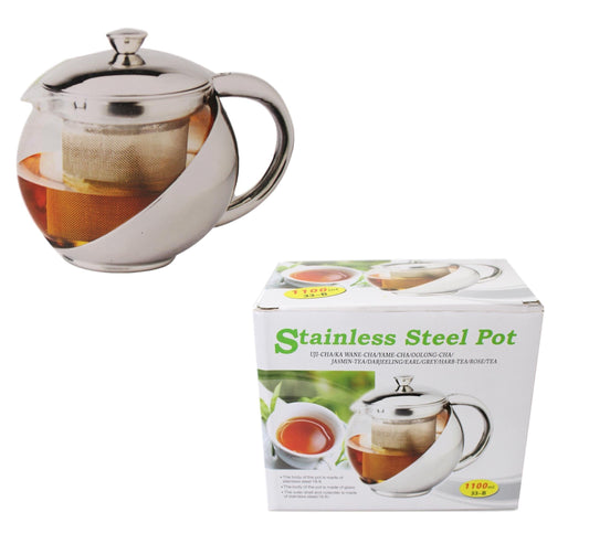 Elegant Stainless Steel and Glass Teapot with Mesh Strainer Filter 1100ml Capacity