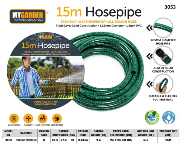 Durable 15m Garden Hose Pipe for Versatile Watering Needs