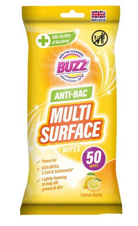 Buzz Multi Surface Antibacterial Wipes 50Pack Lemon Scented