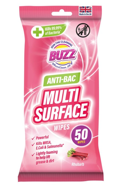 Buzz Multi Surface Antibacterial Wipes 50Pack in Rhubarb Scent