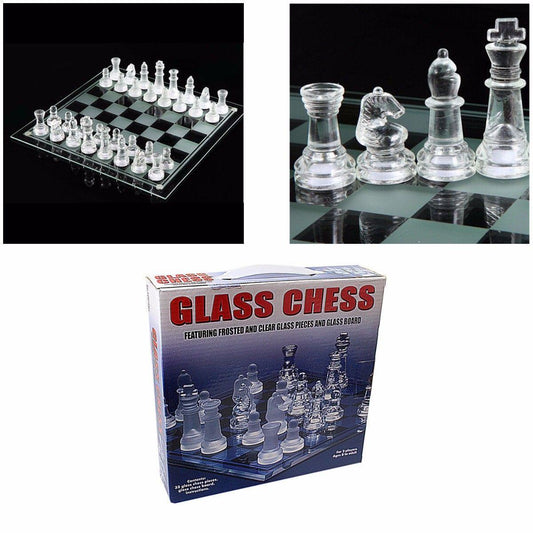 Elegant Glass Chess Board Game with 32 Glass Pieces 38 x 38 cm