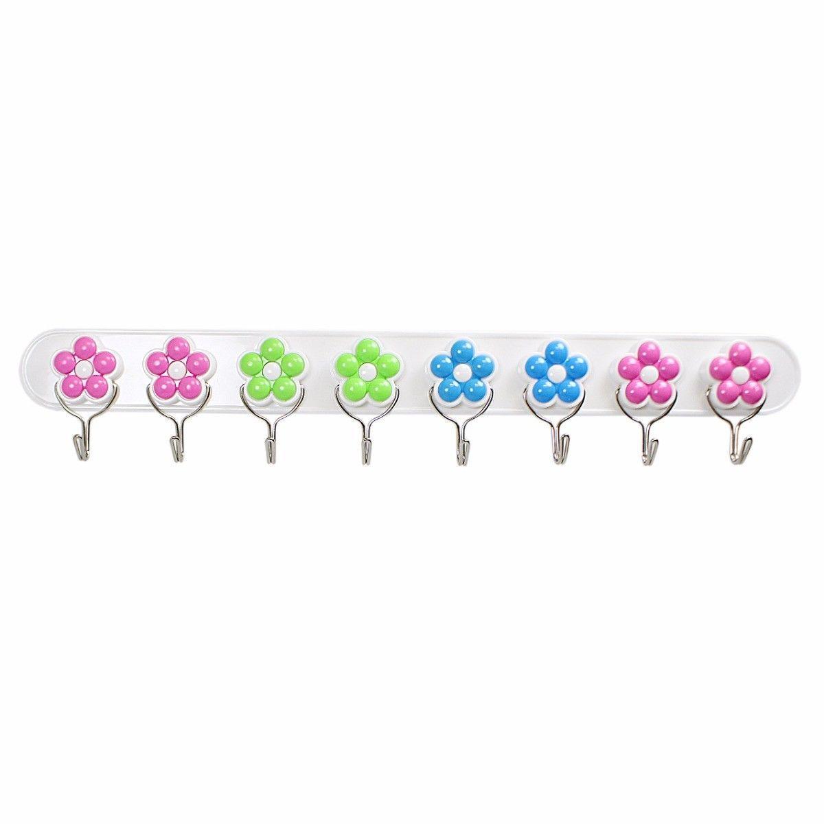 Decorative Self Adhesive Plastic Flower 8 Hook Rack 43cm
