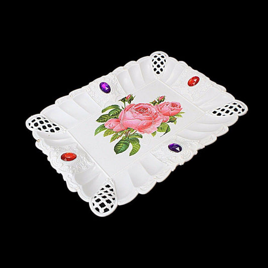 Elegant Floral Jeweled Plastic Tray 23cm x Decorative Serving Dish