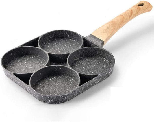 Metal Round Egg Frying Pan Cook 4 Eggs with Wooden Handle