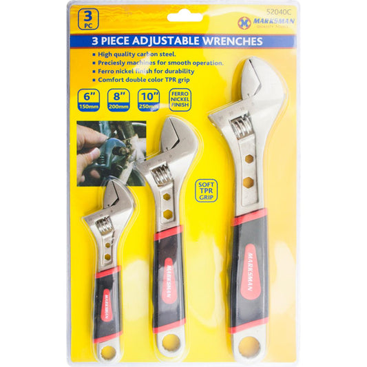 3 Piece Adjustable Wrench Set with Rubber Handle for DIY Projects