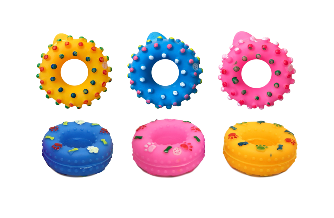 Interactive Pet Dog Squeaky Donut Ring Toy Assorted Designs and Colors