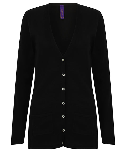 Henbury Womens VButton Cardigan Fine Knit SemiFashioned Cardigan with ShellEffect Buttons