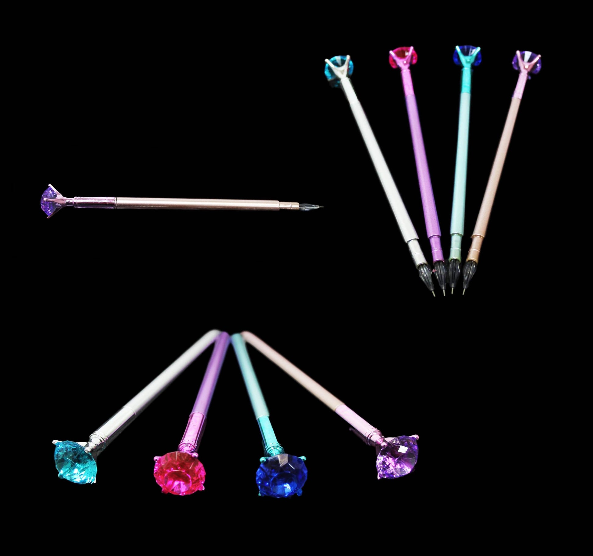 Elegant Black Ink Pen with Metallic Diamond Top in Assorted Colors