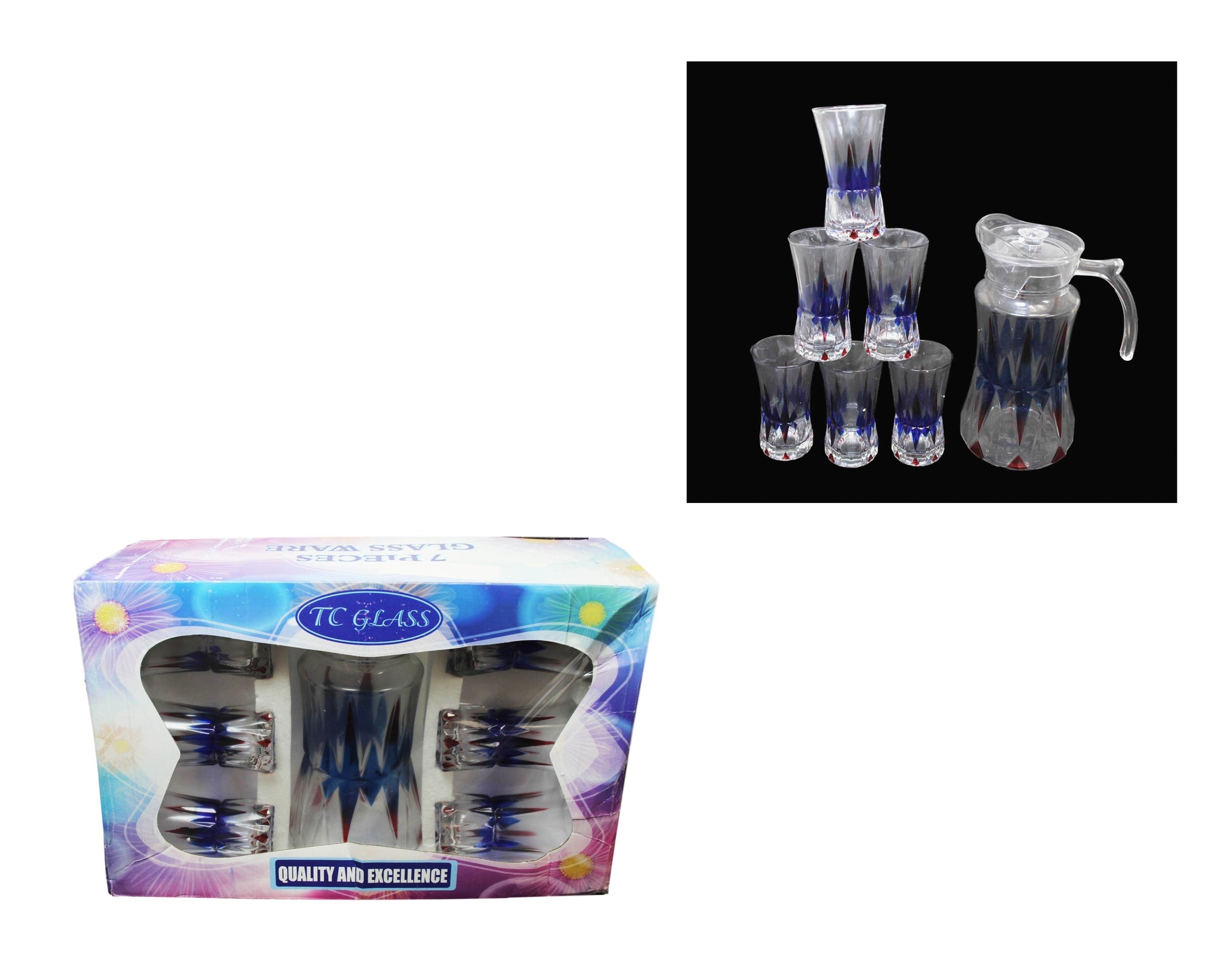 Elegant 7Piece Glassware Set with Colored Effect Water Jug and Tumblers