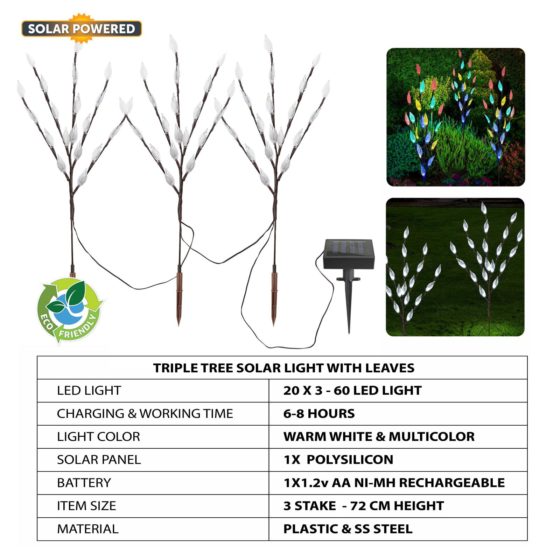 Solar Garden Tree Light 72cm 60 LED Bright White Multicolour