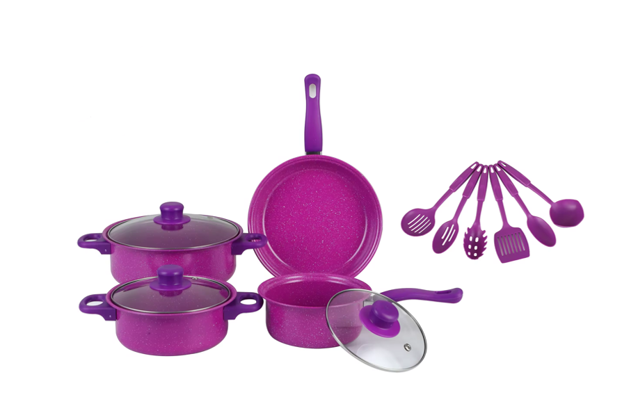Premium 14Piece Cooking Pan Set with Glass Lids and Utensils