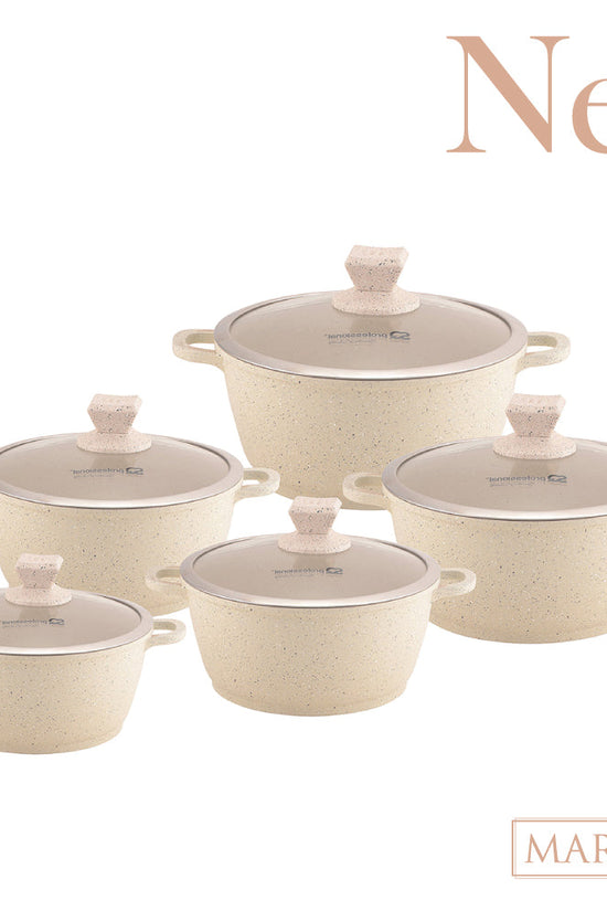 SQ Professional Nea Marbell Effect Diecast Stockpot Set 5 Pieces Natura Cream
