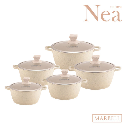 SQ Professional Nea Marbell Effect Diecast Stockpot Set 5 Pieces Natura Cream