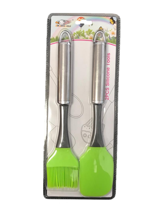 Green Silicone Spatula and Pastry Brush Set with Metal Handle Kitchen Essential