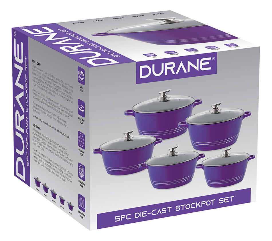 Durane Die Cast Purple Stock Pot Set 5Piece NonStick Cookware