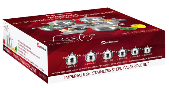 SQ Professional Lustro Stainless Steel Imperiale Casserole Set of 6 Premium Cookware Collection