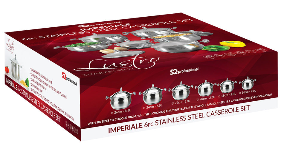 SQ Professional Lustro Stainless Steel Imperiale Casserole Set of 6 Premium Cookware Collection