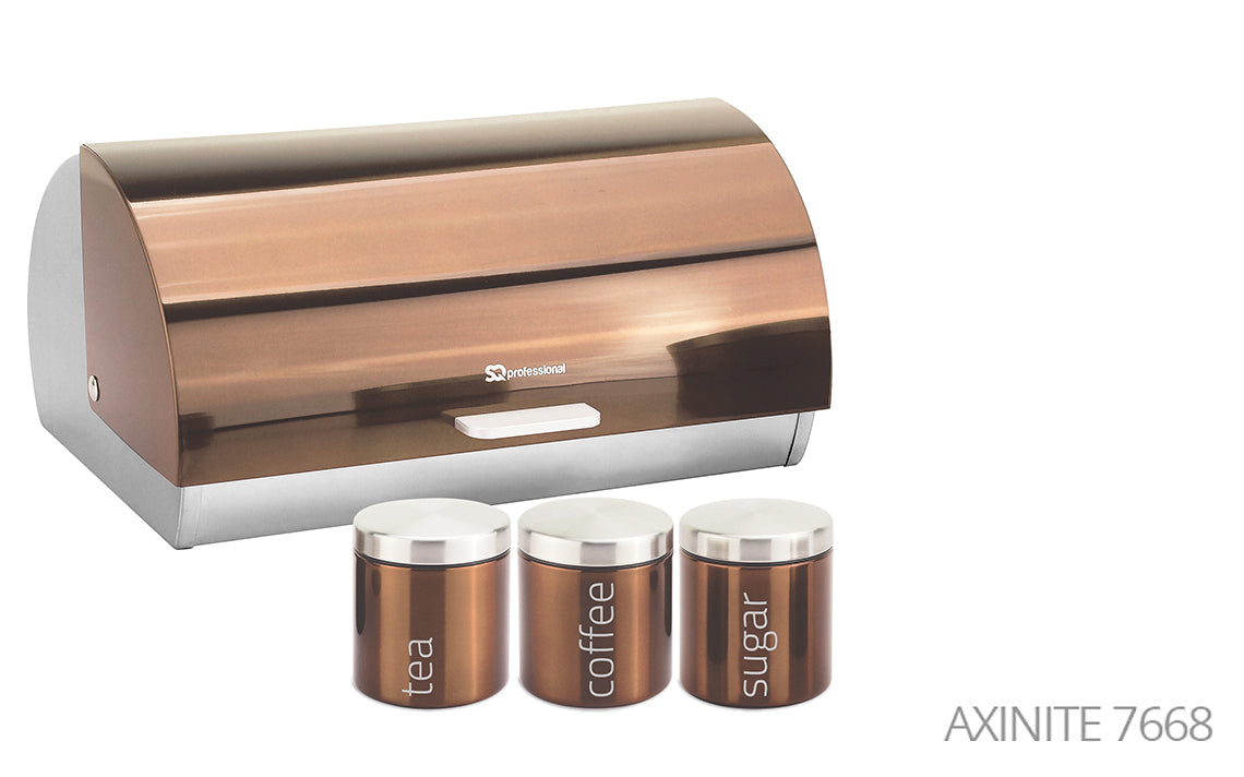 SQ Professional Gems Metal Bread Bin with 3 Canisters Axinite Tea Coffee Sugar Storage Set