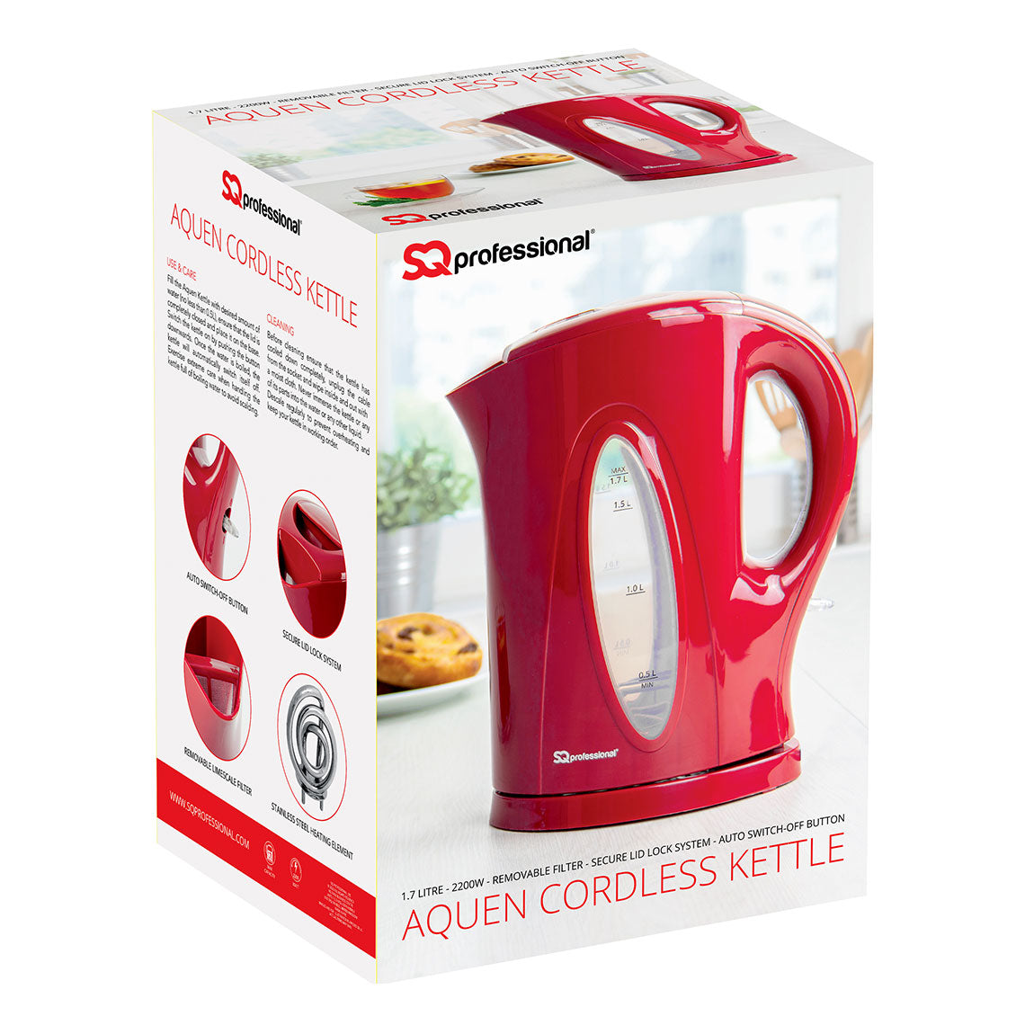 SQ Professional Aquen Plastic Kettle 17L 2200W Red Fast Boiling Stylish Design