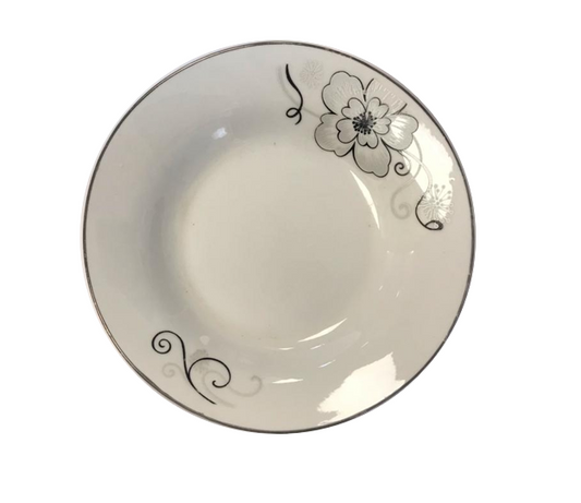 White Floral Design Dining Appetiser Plate with Silver Rim