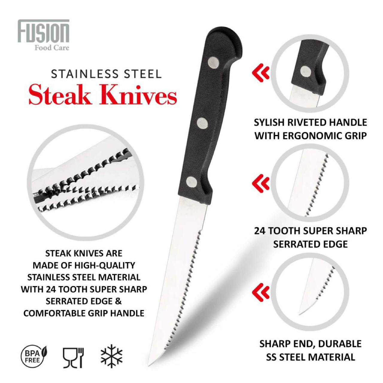 Premium Stainless Steel Serrated Steak Knives Set of 6