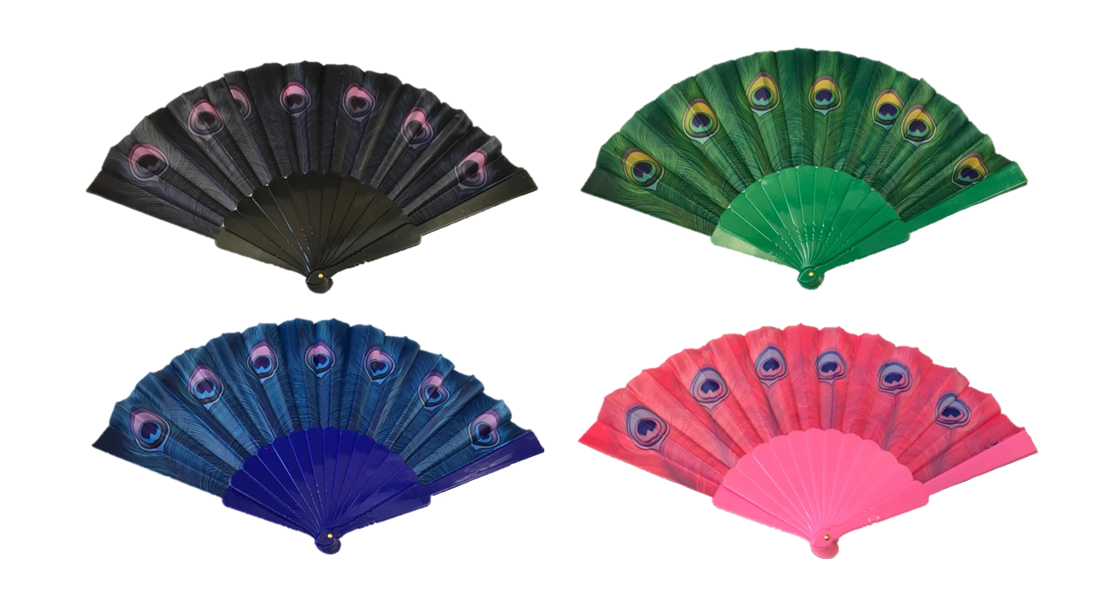 Elegant Plastic Chinese Folding Hand Fan with Peacock Feather Design