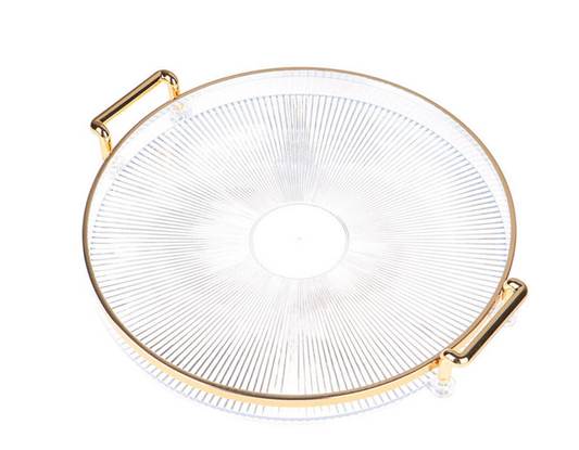 Elegant 32 cm Round Transparent Plastic Serving Tray with Gold Rim and Handles