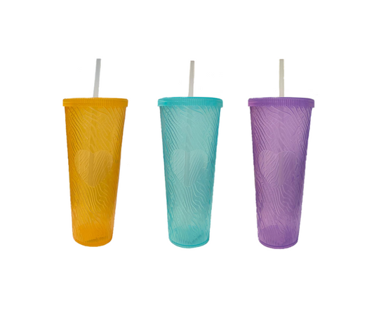 Heart Design Plastic Tumbler with Lid and Straw 750ml