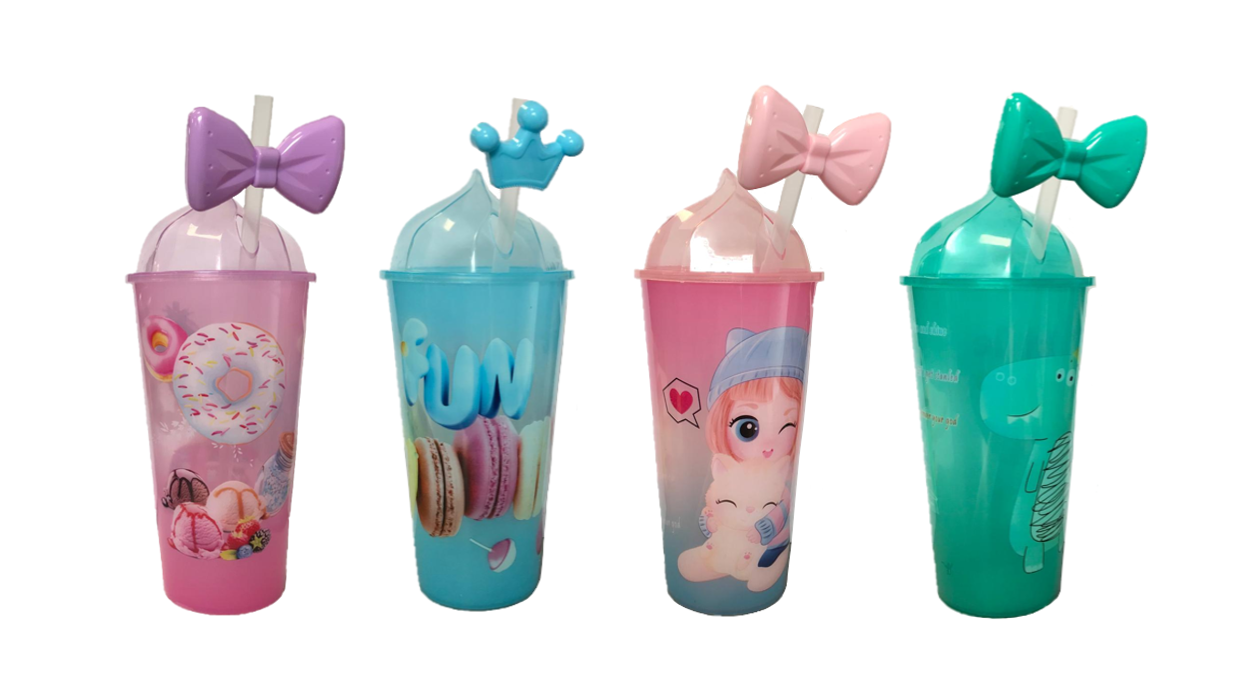 500ml Reusable Plastic Ice Cream Drinking Cup with Straw