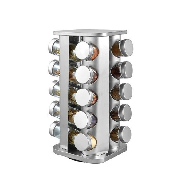 Premium Stainless Steel Rotating Spice Jar Rack with 20 Jars